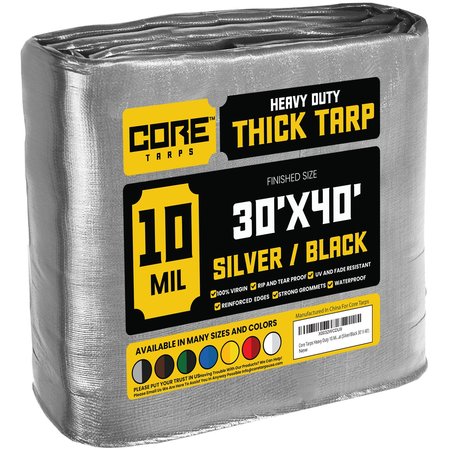 CORE TARPS 40 ft L x 0.5 mm H x 30 ft W Heavy Duty 10 Mil Tarp, Silver/Black, Polyethylene CT-601-30X40